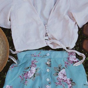 Sage Green and Pink Button Front Floral Midi Skirt w/ Pink Top - Sold As Set